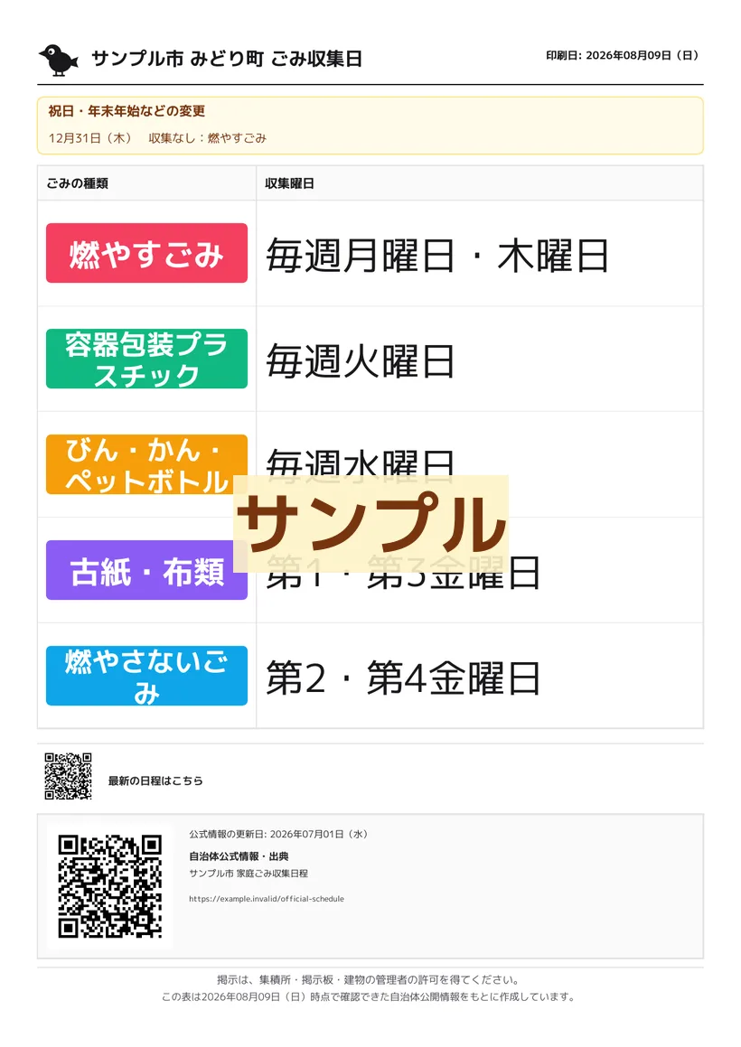 Sample A4 weekly table showing collection weekdays by trash category and a QR code
